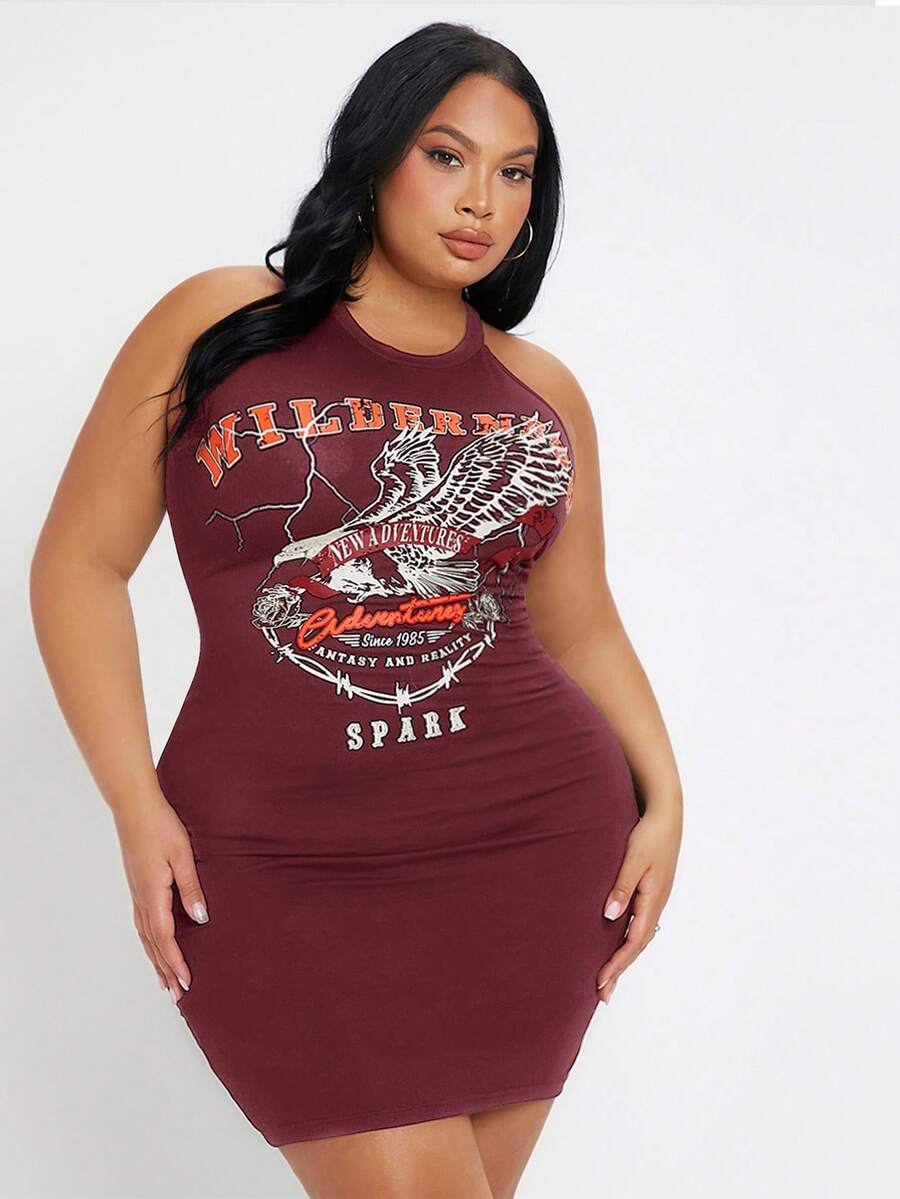 SHEIN SXY 大尺碼女士老鷹字母印花露背連衣裙 - 酒紅色 - 查看 1