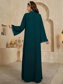 缺口领撞色刺绣贴花喇叭袖连衣裙 - 綠色 - 查看 2