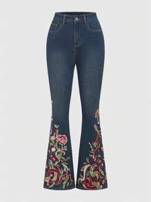 ROMWE Hippie Của phụ nữ Thêu hoa Quần jean loe - Màu xanh lam - Xem 1