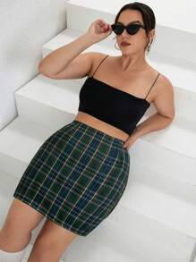 INAWLY 大碼格紋印花直筒半身裙 - 綠色 - 查看 5