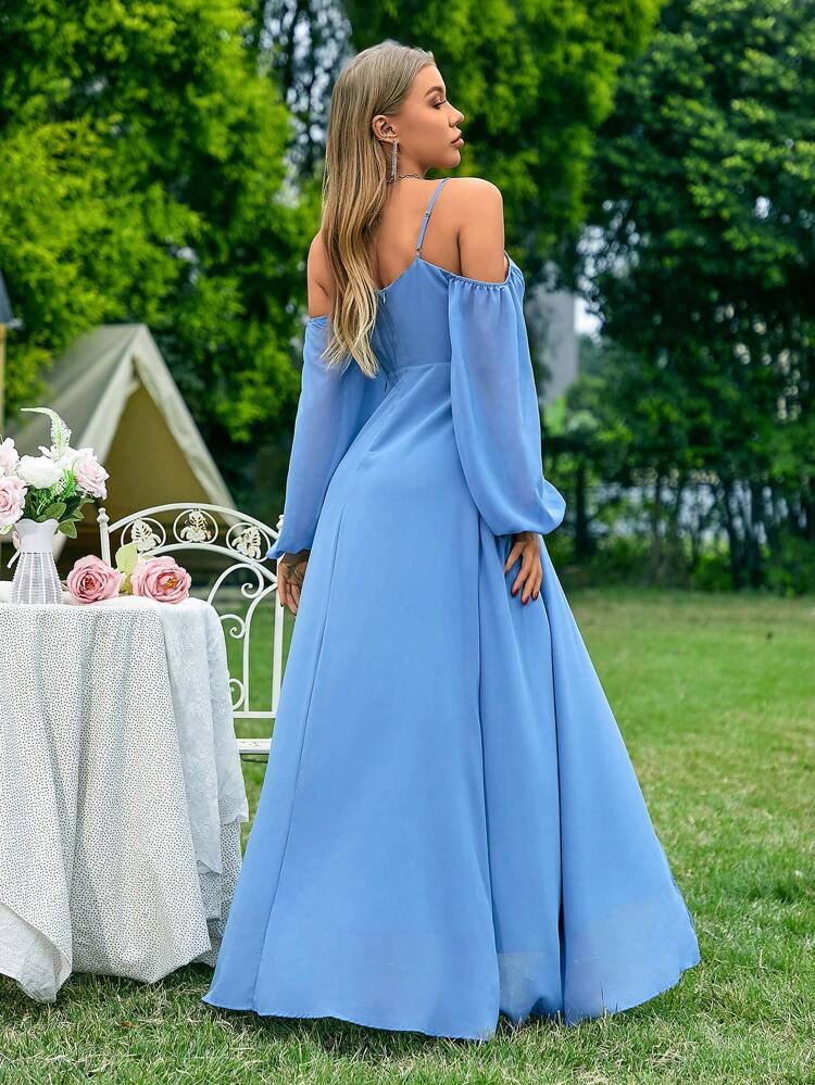 Hollow Out Shoulder Wrap Bodice Bridesmaid Dress With Ruffle Hemline