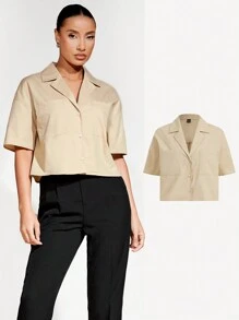 SHEIN BASICS Của phụ nữ Ngắn tay Thả vai Áo sơ mi - Màu Khaki - Xem 1