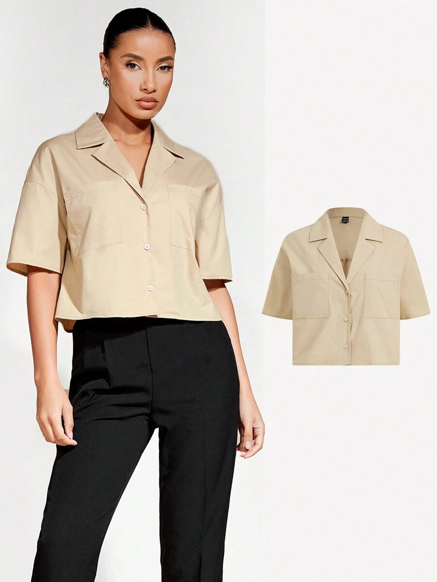 SHEIN BASICS Của phụ nữ Ngắn tay Thả vai Áo sơ mi - Màu Khaki - Xem 1