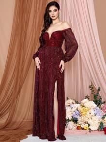 LOVE&LEMONADE Women's Off Shoulder Burgundy Dress With High Slit And Long Sleeves - Red - View 6