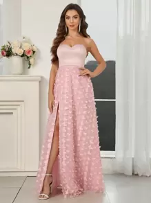 SHEIN Belle 女士拼接3d蝴蝶結網紗高開叉無肩晚禮服 - 粉色 - 查看 2