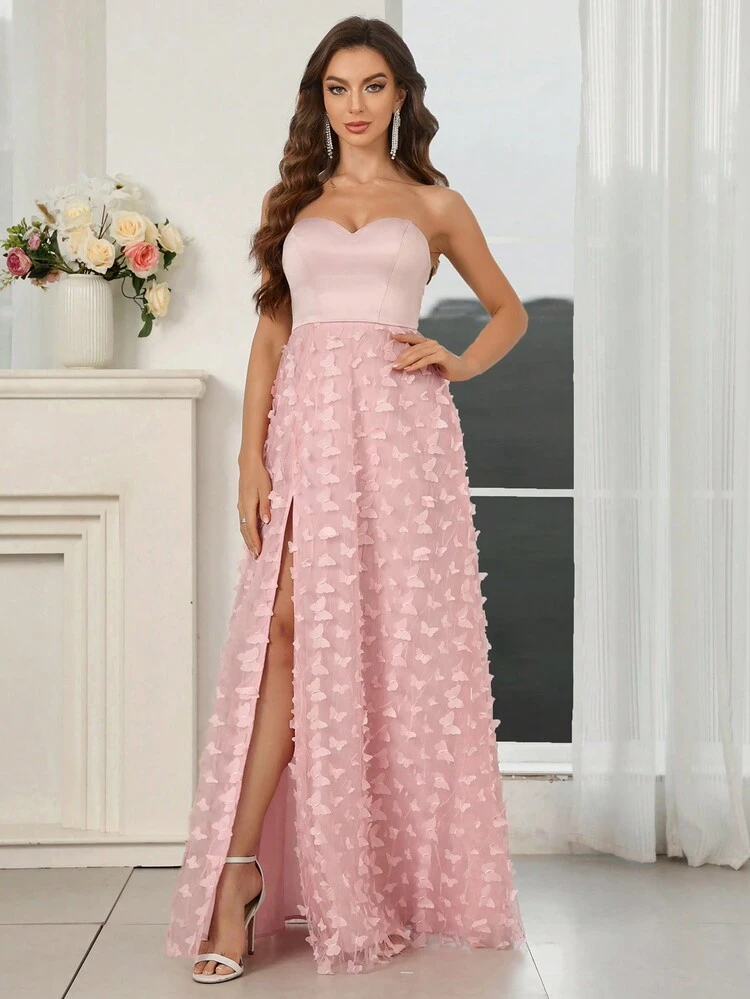 Women's Patchwork 3d Bowknot Mesh High Slit Strapless Evening Dress