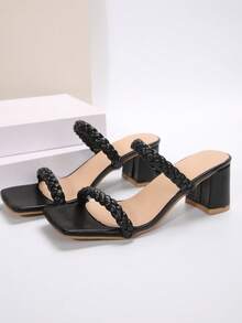 Black French Style High-Heeled Sandals For Women With Square Toe, Weaved Straps And Patent Leather Finish, Chunky Heels, Autumn/Spring - Black - View 4