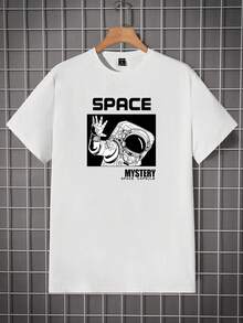 Manfinity Hypemode Men's White Knitted Short Sleeve T-Shirt With Astronaut & Letter Print - White - View 4