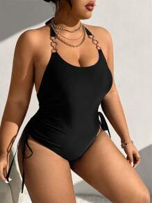 Swim Vcay Summer Beach Plus Size Solid Color One-Piece Swimsuit With Drawstring - Black - View 3