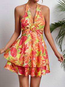 Soleia 女性露背綁頸熱帶印花連衣裙 - 紅色 - 查看 4