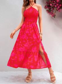 SHEIN VCAY Summer Vacation Women's Halterneck Long Dress For Valentine's Day, Color: Pink - Red - View 4