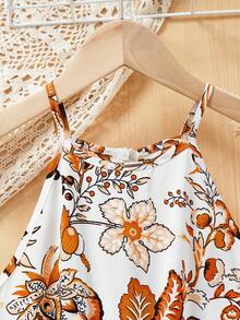 SHEIN Tween 女童梭織花卉印花度假細肩帶連身褲 - 橘色 - 查看 3