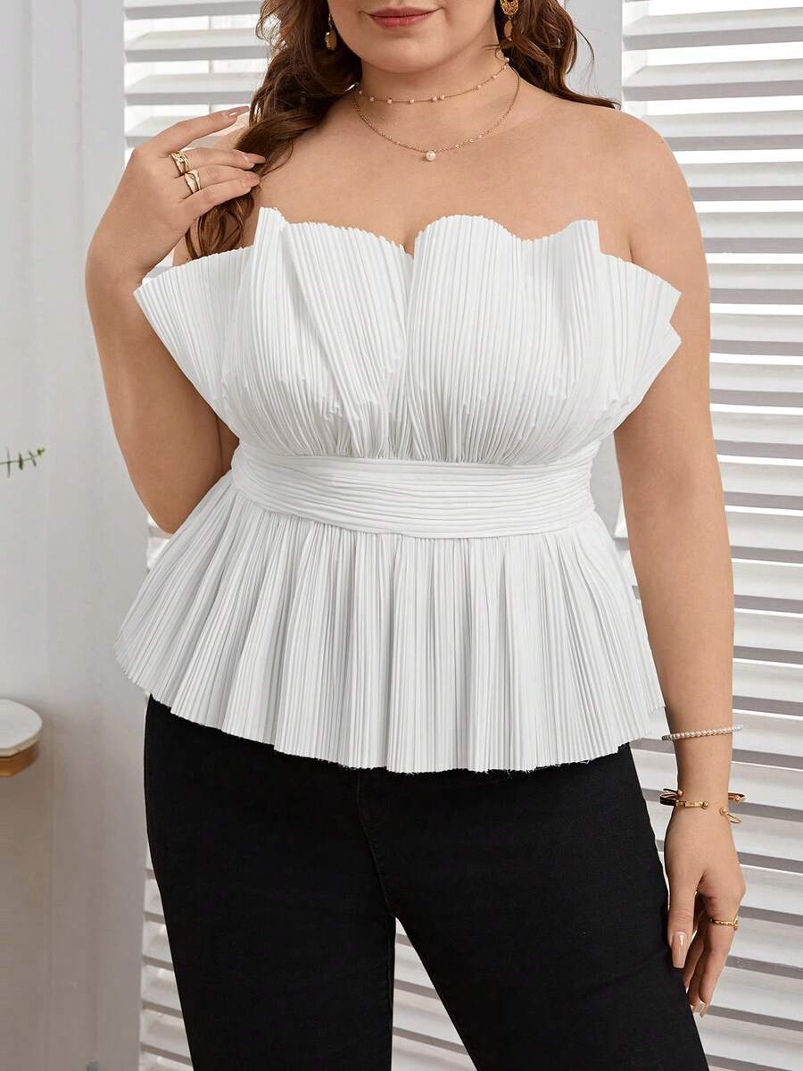 SHEIN Privé 大尺碼女士折褶無肩帶上衣 - 白色 - 查看 1