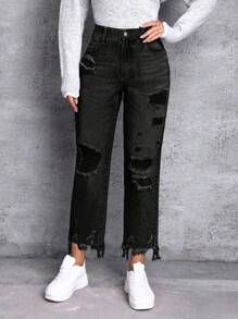 SHEIN 女式生邊直筒丹寧褲 - 黑色 - 查看 4