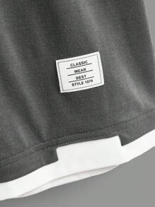 Camiseta con diseño de bloque de color y aplicación de letra para adolescentes varones, adecuada para uso casual y de viaje - Gris - Ver 3