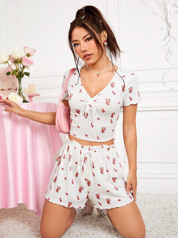 Women's Floral Print V-Neck Short Sleeve T-Shirt And Shorts 2pcs-Set