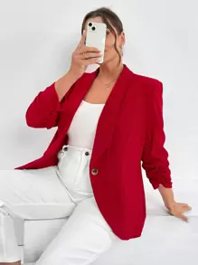 SHEIN Essnce 秋冬款大码女士披肩领单纽扣西装外套 - 紅色 - 查看 4