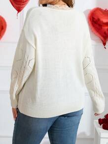SHEIN LUNE 加大码蕾丝装饰V领套头毛衣，长袖针织衫，秋冬款 - 白色 - 查看 2