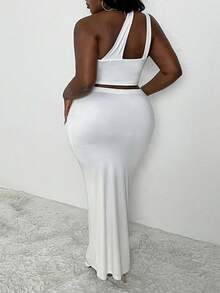 Slaydiva Bộ trang phục hai mảnh bodycon thanh lịch gợi cảm cỡ lớn dành cho nữ, màu trơn, ôm vừa vặn, một bên vai, không tay, khoét sâu, xẻ tà cao, hoàn hảo cho trang phục đi chơi đêm và đi hộp đêm - trắng - Xem 2