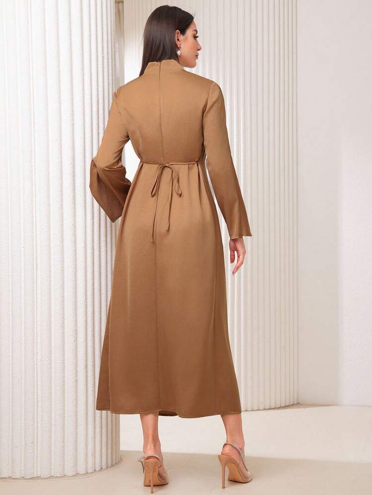 Solid Color Pleated Draped Collar Dress Modest Dress