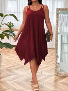 SHEIN LUNE Plus Size Asymmetric Hem Sleeveless Dress With Double Shoulder Straps, Burgundy Color Women Outfit - Burgundy - View 3