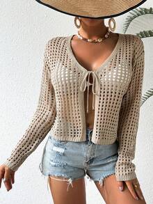 SHEIN VCAY 女士純色針織中空開衫,前面有綁帶 - 駝色 - 查看 4