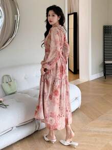 DAZY Đầm nữ in hoa, đầm hoa xếp nếp, đầm tay dài mùa thu, đầm lễ Phục sinh - Hồng - Xem 2