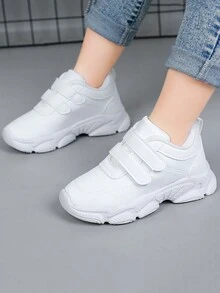 1對春季新款兒童純色魔鬼氈運動鞋，PU材質輕便時尚休閒跑步鞋，男女童鞋 - 白色 - 查看 11