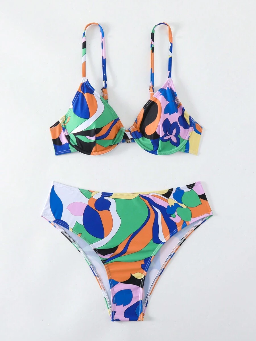 SHEIN Swim Summer Padded And Underwired All Over Print Strappy Bikini Set - Multicolor - View 1