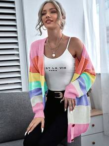SHEIN Essnce Rainbow Stripe Long Sleeve Cardigan - Multicolor - View 5