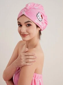 HELLO KITTY AND FRIENDS | SHEIN Cute Bow Printed Cat Embroidery Pink Hair Drying Cap, For Home Bathroom - Pink - View 6