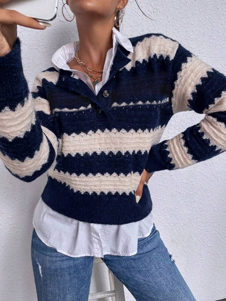 SHEIN Essnce Của phụ nữ Khối màu Sọc Nút Lên Một nửa thân trước Áo len - Màu xanh hải quân - Xem 1