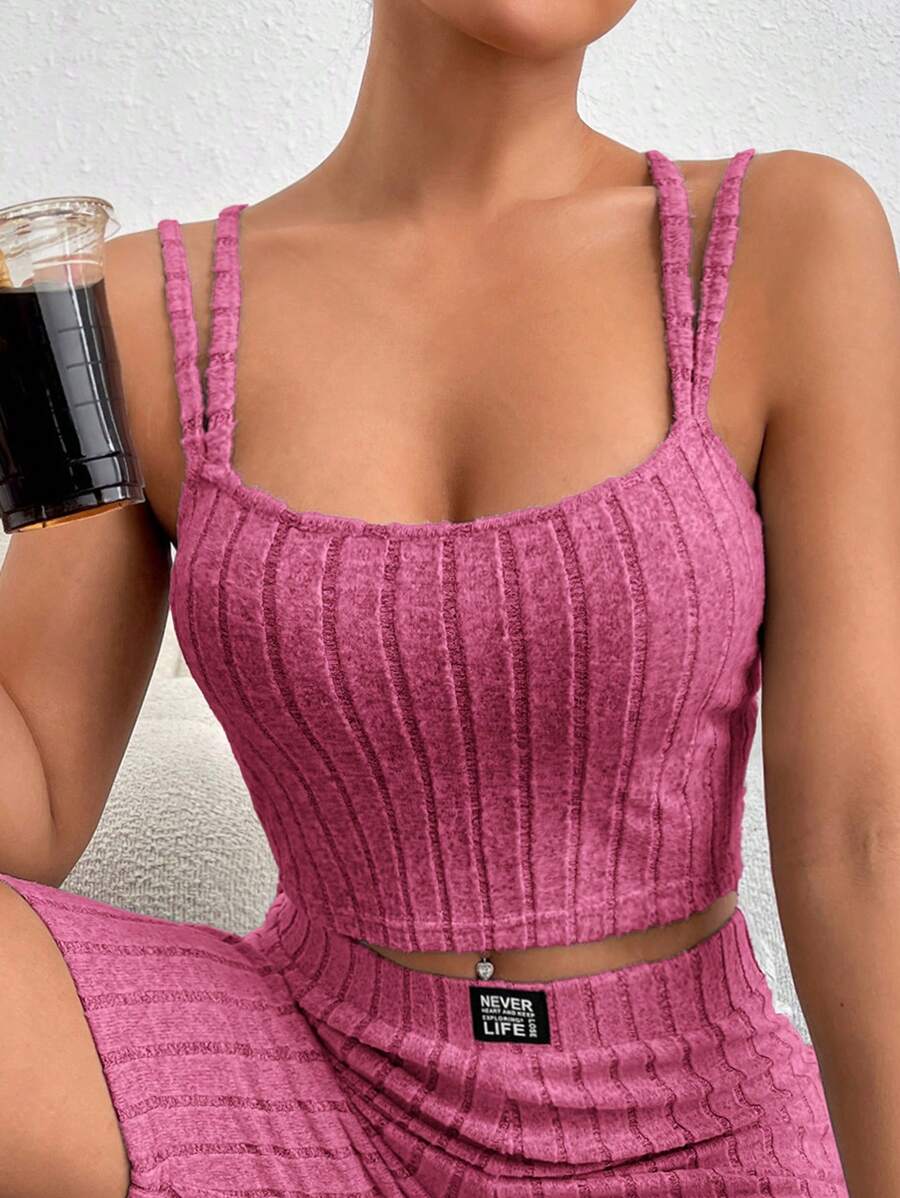 SHEIN EZwear 夏季實色短款針織背心上衣 - 玫紅色 - 查看 1