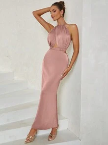 Vestido ajustado minimalista y sexy con escote halter, espalda descubierta y cola de pez calada - Rosa - Ver 4