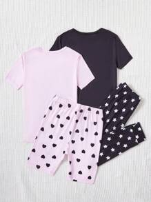 SHEIN Tween Girls' Simple Letter Printed Shorts & Short Sleeve T-Shirt & Pants 2pcs/Set Snug Fit Home Wear Outfits