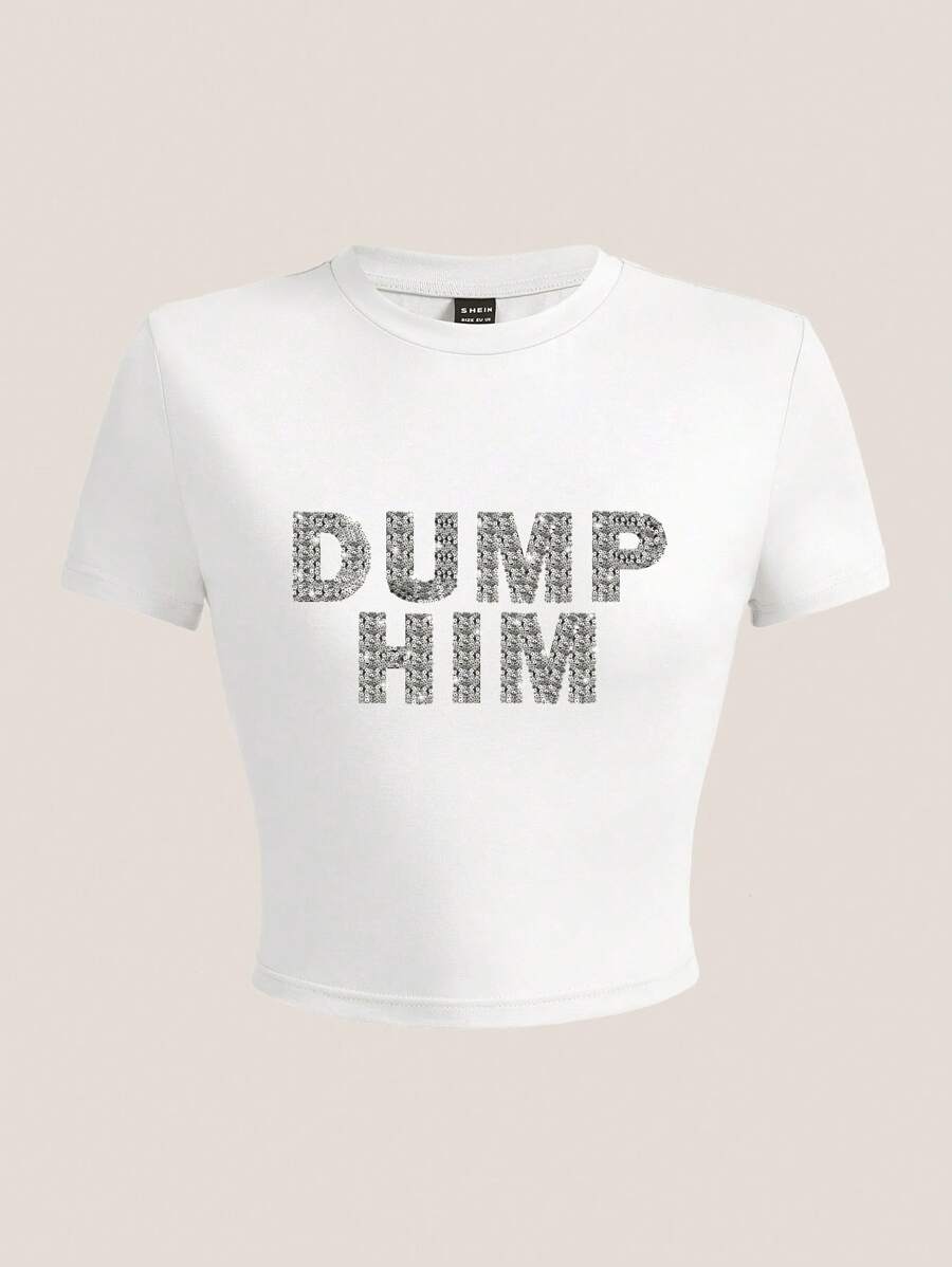 SHEIN EZwear Plus Size Sequin Letter Print Short Sleeve T-Shirt, Suitable For Summer - White - View 1