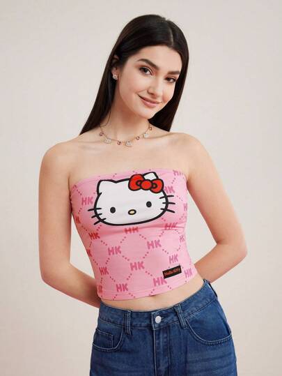 HELLO KITTY AND FRIENDS | SHEIN 女式卡通和字母印花無肩帶上衣