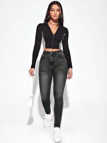 SHEIN Essnce 女用貓須設計修身牛仔褲 - 深灰色 - 查看 5