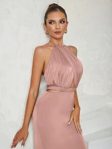 Vestido ajustado minimalista y sexy con escote halter, espalda descubierta y cola de pez calada - Rosa - Ver 7