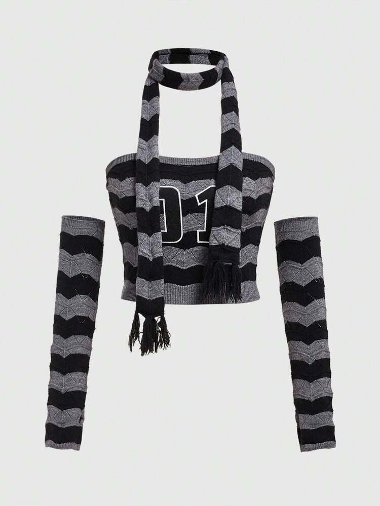Street Style Outdoor Knitted Top For Women With Letter Patch, Embroidered Flower And Black & Grey Stripes Design, Comes With Sleevelet And Scarf