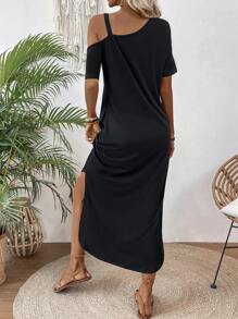 EMERY ROSE Solid Color Asymmetrical Neckline Slanted Pocket Side Slit Dress Maxi Women Outfit - Black - View 2