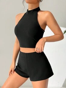 SHEIN EZwear 露背頸掛襯衫和短褲套裝 - 黑色 - 查看 5