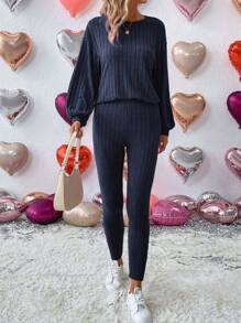 SHEIN LUNE Women's Solid Color Long Sleeve Top And Leggings Set - Navy Blue - View 3