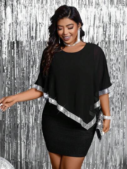 SHEIN Unity Plus Size Round Neck Pearl Chiffon Patchwork Sequin Trim Cape Cover Up Soft Jacquard Knit Dress, Elegant Fashion Party Wear For Summer