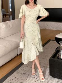 DAZY 女士植物印花荷叶边连衣裙吊带长裙碎花连衣裙 - 黃色 - 查看 7