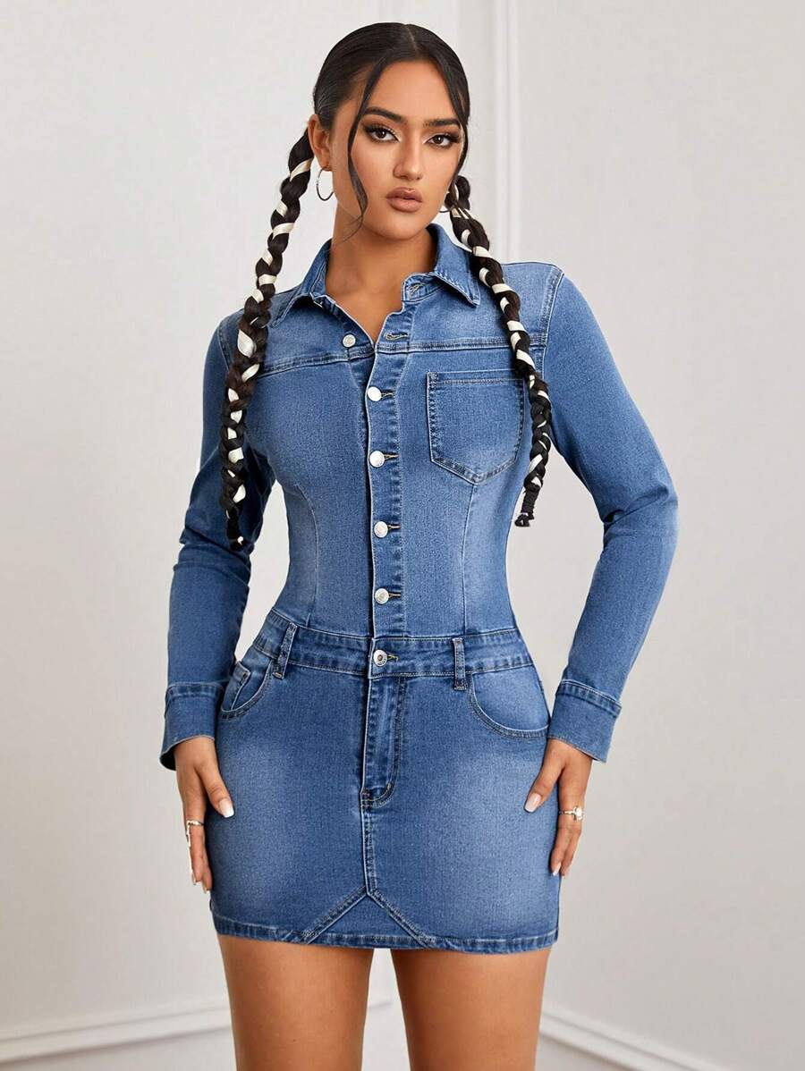 SHEIN ICON Long Sleeve Washed Denim Bodycon Dress