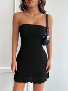 SHEIN EZwear Của phụ nữ Màu thuần Quây Đầm - màu đen - Xem 3