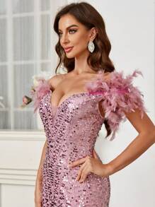SHEIN Belle Vestido de noche elegante y romántico con lentejuelas brillantes, con hombros decorados con plumas falsas (plumas falsas), elegante para baile de graduación, cena, boda como invitada - Rosa - Ver 5