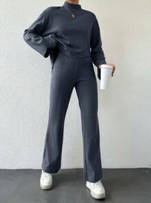 EURMUSE Ladies' Mandarin Collar Drop Shoulder Long Sleeve T-Shirt And Pants Two Piece Set - Dark Grey - View 6