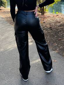 MYOURSA 翻盖口袋PU皮革工装裤 - 黑色 - 查看 2